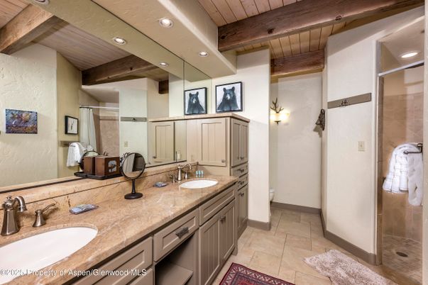 Bathroom, Dual Sink Vanities, Interior, Recessed Lighting, Wooden Beams, Wooden Ceilings