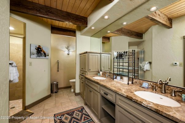 Bathroom, Dual Sink Vanities, Interior, Recessed Lighting, Wooden Beams, Wooden Ceilings