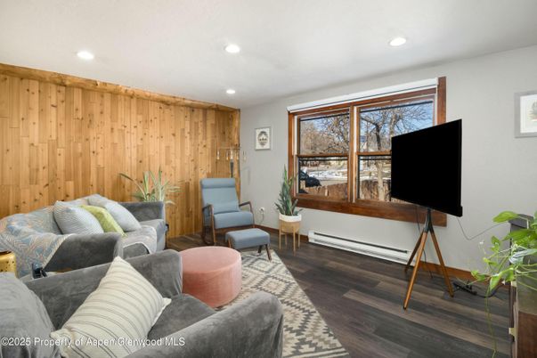 Interior, Living room, Recessed Lighting, Wood Texture Flooring, Wooden Walls