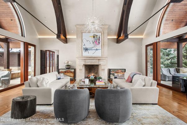 Chandelier, Fireplace, Interior, Living room, Recessed Lighting, Wooden Beams, Wooden Ceilings, Wood Texture Flooring