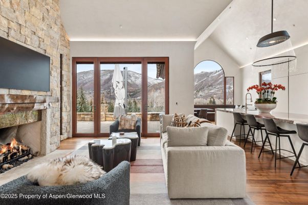 Dining room, Fireplace, Interior, Living room, Stone Walls, Wood Texture Flooring