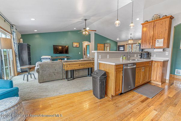 Interior, Kitchen, Pendant Lights, Recessed Lighting, Wood Texture Flooring
