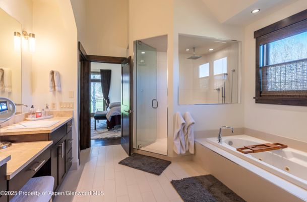 Bathroom, Bedroom, Dual Sink Vanities, Glass Shower, Interior, Recessed Lighting, Wood Texture Flooring