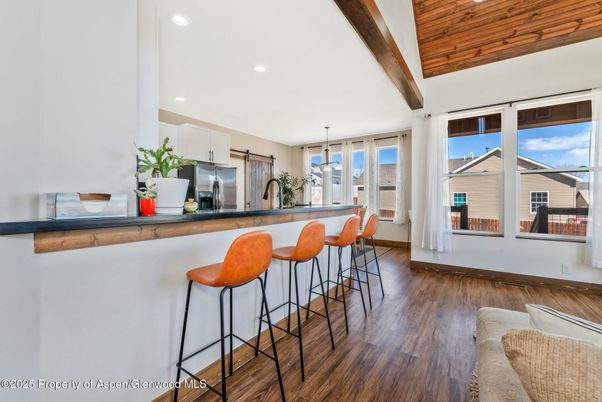 Interior, Kitchen, Recessed Lighting, Stainless Steel Appliances, Wooden Beams, Wooden Ceilings, Wood Texture Flooring