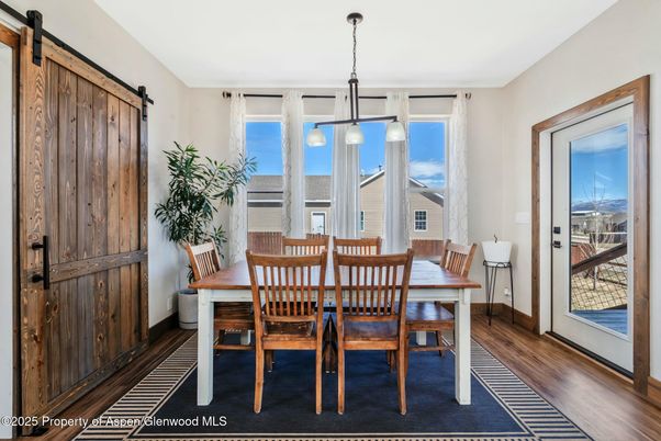 Dining room, Interior, Pendant Lights, Wood Texture Flooring