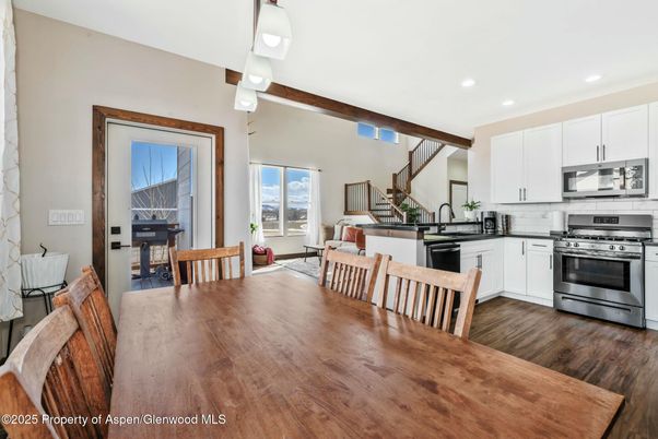 Dining room, Interior, Kitchen, Recessed Lighting, Stainless Steel Appliances, Wooden Beams, Wood Texture Flooring
