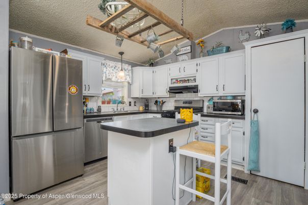Interior, Kitchen, Pendant Lights, Stainless Steel Appliances, Wood Texture Flooring