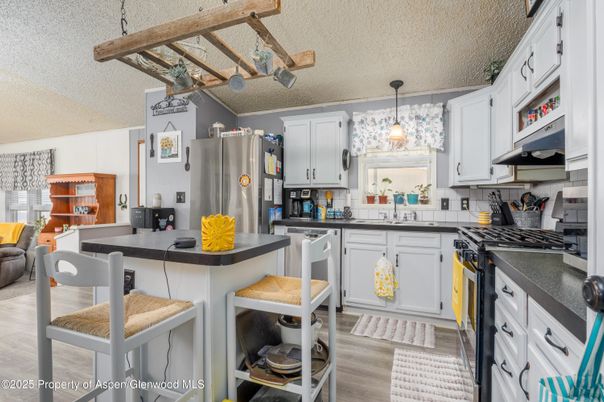 Interior, Kitchen, Pendant Lights, Stainless Steel Appliances, Wooden Beams, Wood Texture Flooring