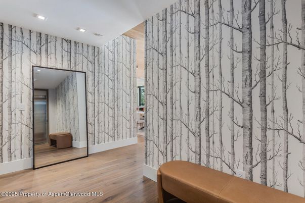 Interior, Marble Walls, Recessed Lighting, Wood Texture Flooring