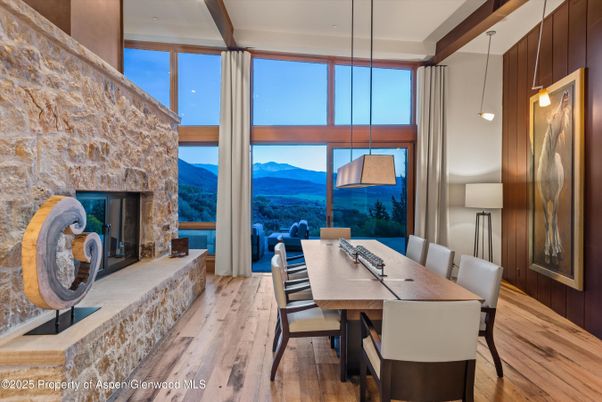 Dining room, Fireplace, Interior, Pendant Lights, Wood Texture Flooring