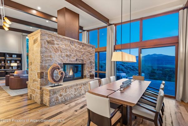 Dining room, Fireplace, Interior, Living room, Pendant Lights, Recessed Lighting, Wooden Beams, Wood Texture Flooring