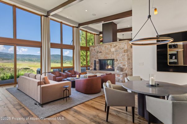 Dining room, Fireplace, Interior, Living room, Pendant Lights, Recessed Lighting, Wooden Beams, Wood Texture Flooring