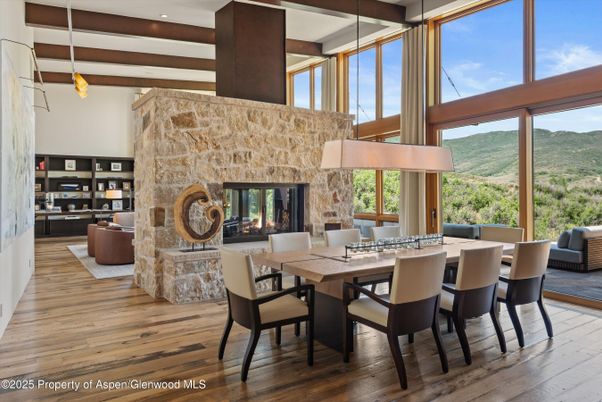 Dining room, Fireplace, Interior, Living room, Pendant Lights, Recessed Lighting, Wooden Beams, Wood Texture Flooring