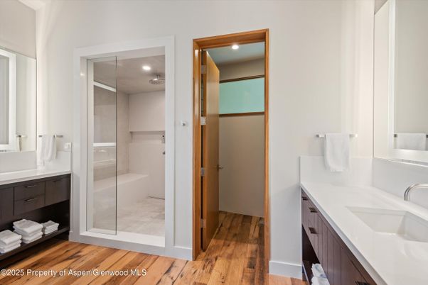 Bathroom, Glass Shower, Interior, Recessed Lighting, Wood Texture Flooring