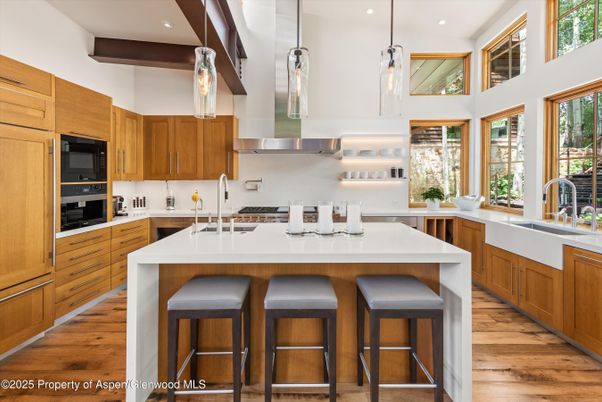 Interior, Kitchen, Pendant Lights, Recessed Lighting, Stainless Steel Appliances, Wooden Beams, Wood Texture Flooring