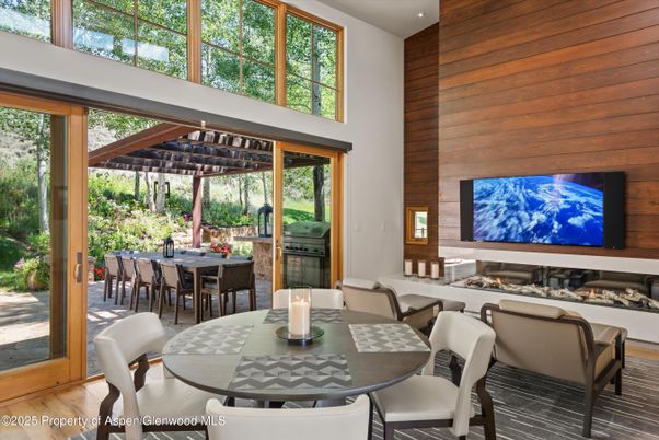 Dining room, Fireplace, Interior, Wood Texture Flooring, Wooden Walls