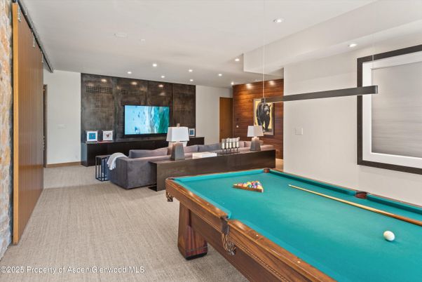 Billiard Table, Game Room, Interior, Living room, Recessed Lighting, Wooden Walls