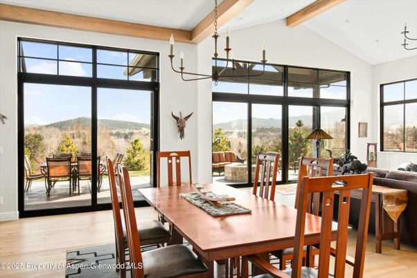 Dining room, Interior, Pendant Lights, Wooden Beams, Wood Texture Flooring