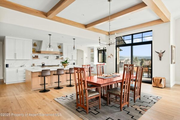 Dining room, Interior, Kitchen, Pendant Lights, Recessed Lighting, Wooden Beams, Wood Texture Flooring