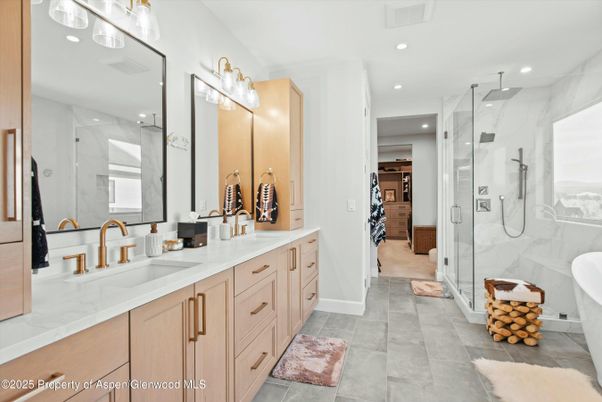 Bathroom, Dual Sink Vanities, Glass Shower, Interior, Marble Walls, Recessed Lighting