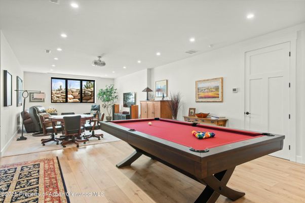 Billiard Table, Dining room, Game Room, Interior, Recessed Lighting, Wood Texture Flooring