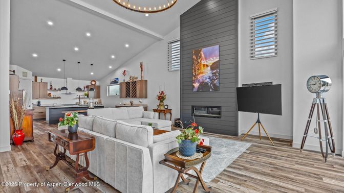Fireplace, Interior, Kitchen, Living room, Pendant Lights, Recessed Lighting, Wood Texture Flooring