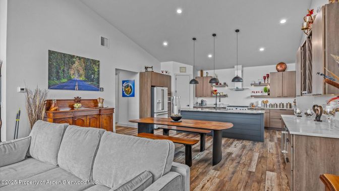 Dining room, Interior, Kitchen, Pendant Lights, Recessed Lighting, Stainless Steel Appliances, Wood Texture Flooring