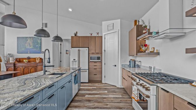 Interior, Kitchen, Pendant Lights, Recessed Lighting, Stainless Steel Appliances, Wood Texture Flooring