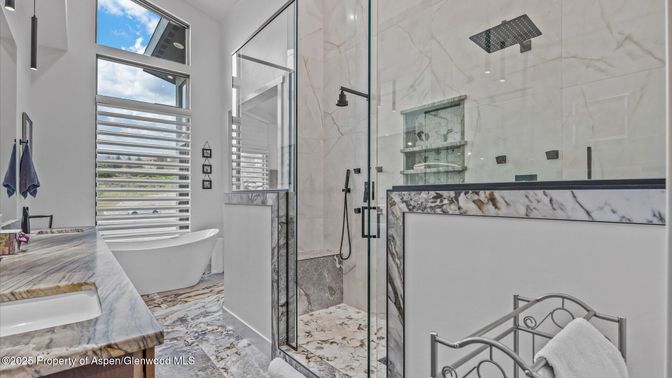 Bathroom, Free Standing Baths, Glass Shower, Interior, Marble Walls