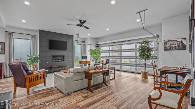 Fireplace, Interior, Living room, Recessed Lighting, Wood Texture Flooring