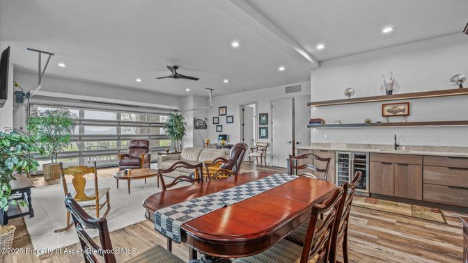 Dining room, Interior, Living room, Recessed Lighting, Wood Texture Flooring