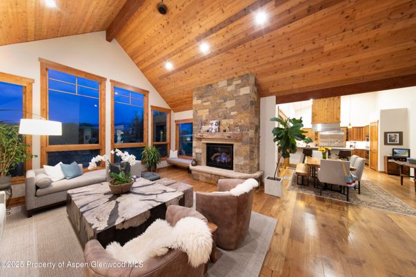 Dining room, Fireplace, Interior, Kitchen, Living room, Recessed Lighting, Stainless Steel Appliances, Stone Walls, Wooden Beams, Wooden Ceilings, Wood Texture Flooring