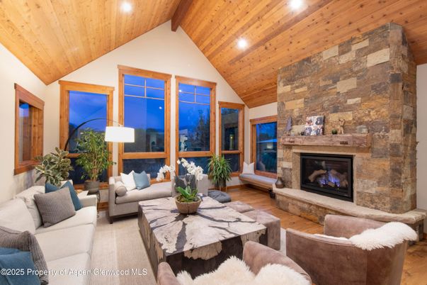 Fireplace, Interior, Living room, Recessed Lighting, Stone Walls, Wooden Beams, Wooden Ceilings, Wood Texture Flooring