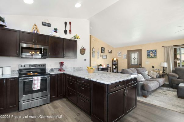 Interior, Kitchen, Living room, Recessed Lighting, Stainless Steel Appliances, Wood Texture Flooring