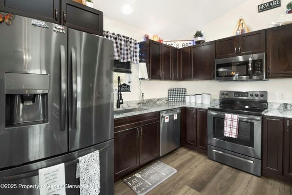 Interior, Kitchen, Recessed Lighting, Stainless Steel Appliances, Wood Texture Flooring