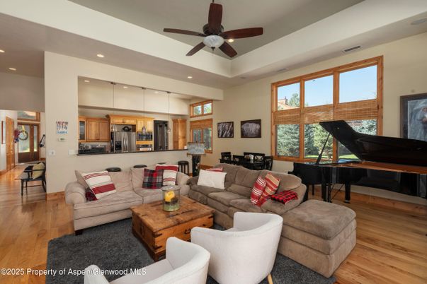 Interior, Kitchen, Living room, Piano, Recessed Lighting, Stainless Steel Appliances, Wood Texture Flooring