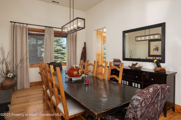 Dining room, Interior, Pendant Lights, Wood Texture Flooring