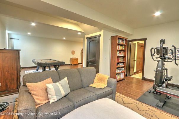Fitness Equipment, Game Room, Interior, Living room, Recessed Lighting, Wood Texture Flooring