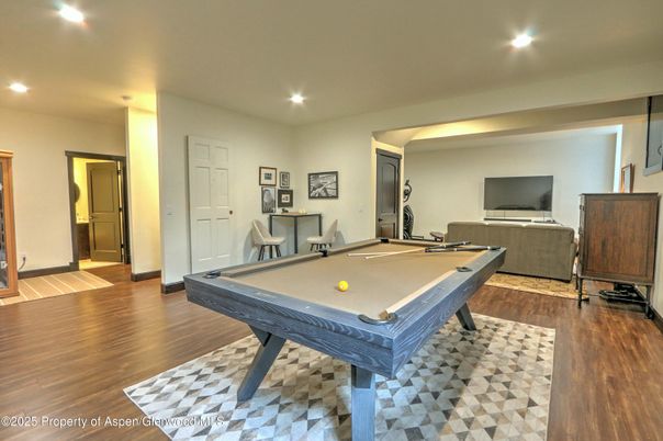 Billiard Table, Game Room, Interior, Recessed Lighting, Wood Texture Flooring