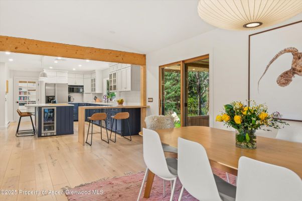 Dining room, Interior, Kitchen, Recessed Lighting, Stainless Steel Appliances, Wooden Beams, Wood Texture Flooring