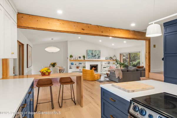 Dining room, Fireplace, Interior, Kitchen, Living room, Pendant Lights, Recessed Lighting, Wooden Beams, Wood Texture Flooring