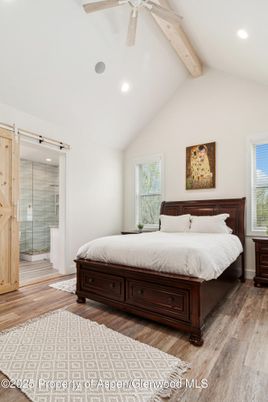 Bathroom, Bedroom, Glass Shower, Interior, Recessed Lighting, Wooden Beams, Wood Texture Flooring