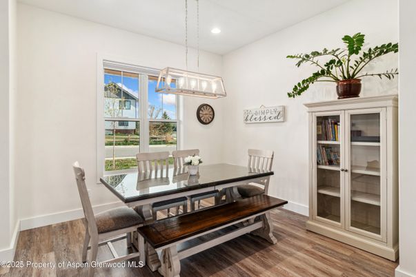 Dining room, Interior, Pendant Lights, Recessed Lighting, Wood Texture Flooring