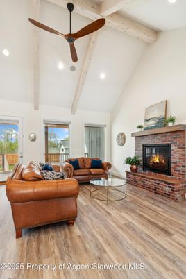 Fireplace, Interior, Living room, Recessed Lighting, Wooden Beams, Wood Texture Flooring