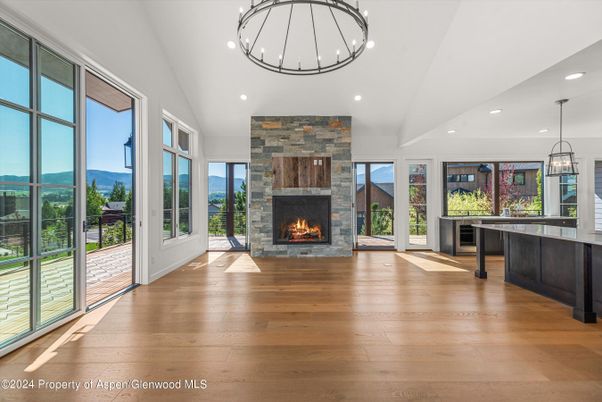 Fireplace, Interior, Pendant Lights, Recessed Lighting, Wood Texture Flooring