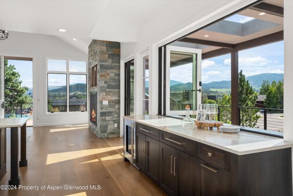 Fireplace, Interior, Kitchen, Recessed Lighting, Wood Texture Flooring