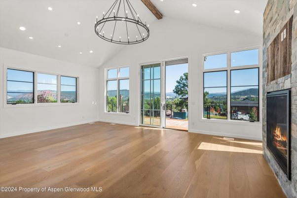 Empty room, Fireplace, Interior, Recessed Lighting, Wooden Beams, Wood Texture Flooring