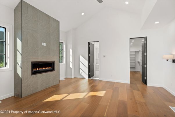 Empty room, Fireplace, Interior, Recessed Lighting, Wood Texture Flooring
