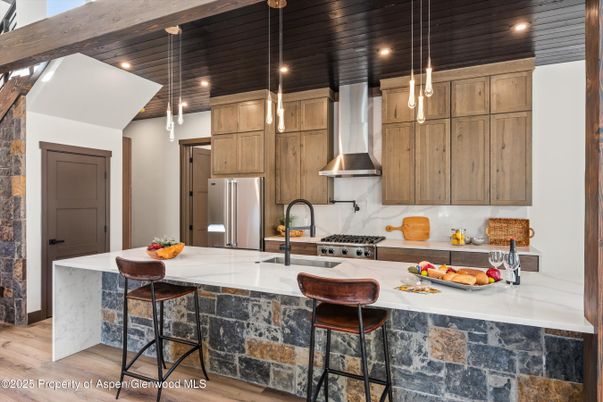 Interior, Kitchen, Pendant Lights, Recessed Lighting, Stainless Steel Appliances, Wooden Ceilings, Wood Texture Flooring