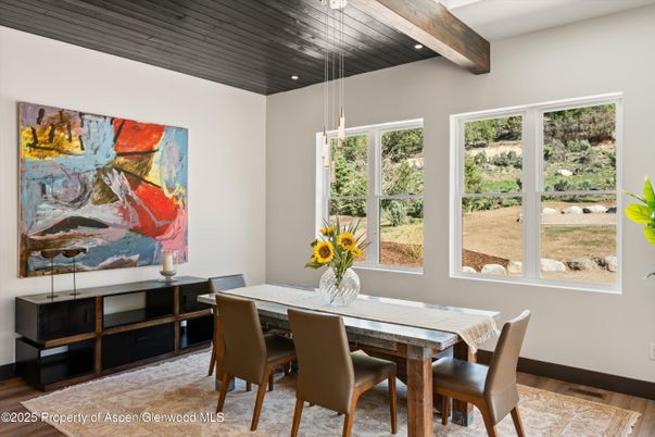 Dining room, Interior, Pendant Lights, Recessed Lighting, Wooden Beams, Wooden Ceilings, Wood Texture Flooring